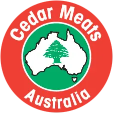 Cedar Meats Australia logo featuring a white map of Australia with a green cedar tree inside a circular badge.