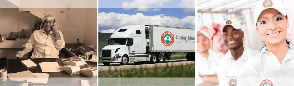 Historical photo of Cedar Meats team, transport, and modern workforce